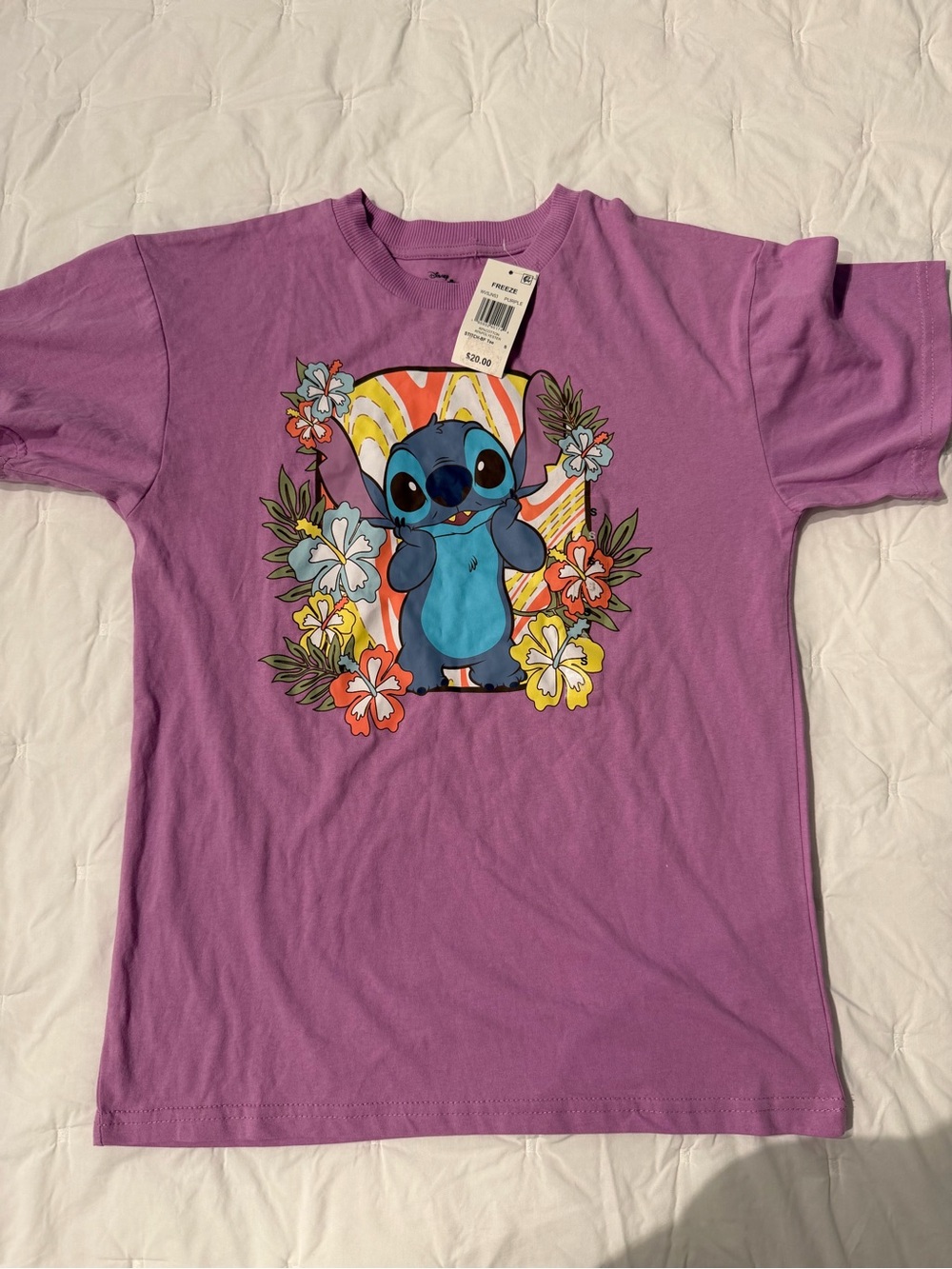 Disney Purple Tee with Blue Stitch and Floral Graphic